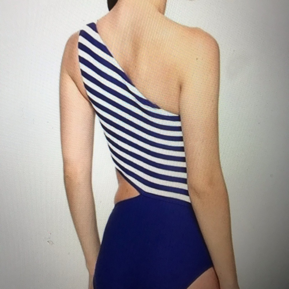MICHAEL Michael Kors Blue and White Stripe One Shoulder Swimsuit 2X Host… - Picture 2 of 7